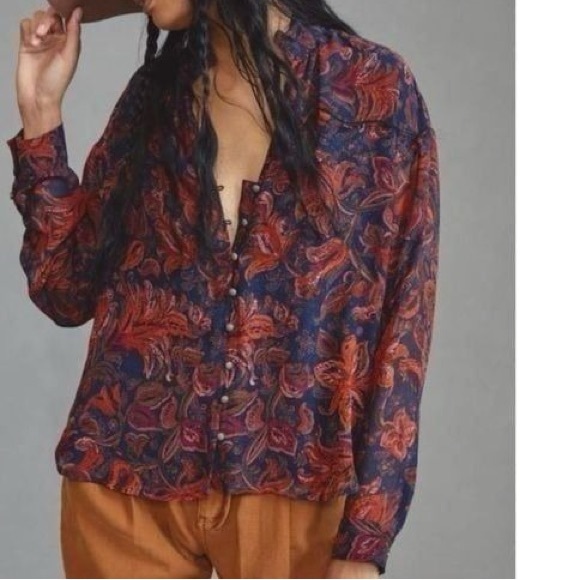 Anthropologie Pilcro The Tavi Floral Buttondown Shirt Top Sz S Blue & Rust - Picture 14 of 15